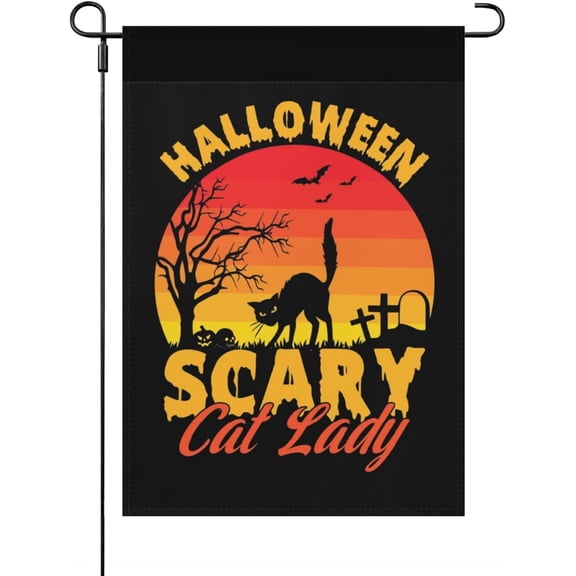 Garden Flags for Outside Halloween Scary Cat lady Yard Flag Double Sided, Retro Funny Garden Flags Double Sided for Outside House Flag Yard Decor Halloween Scary Cat lady Flags Banners