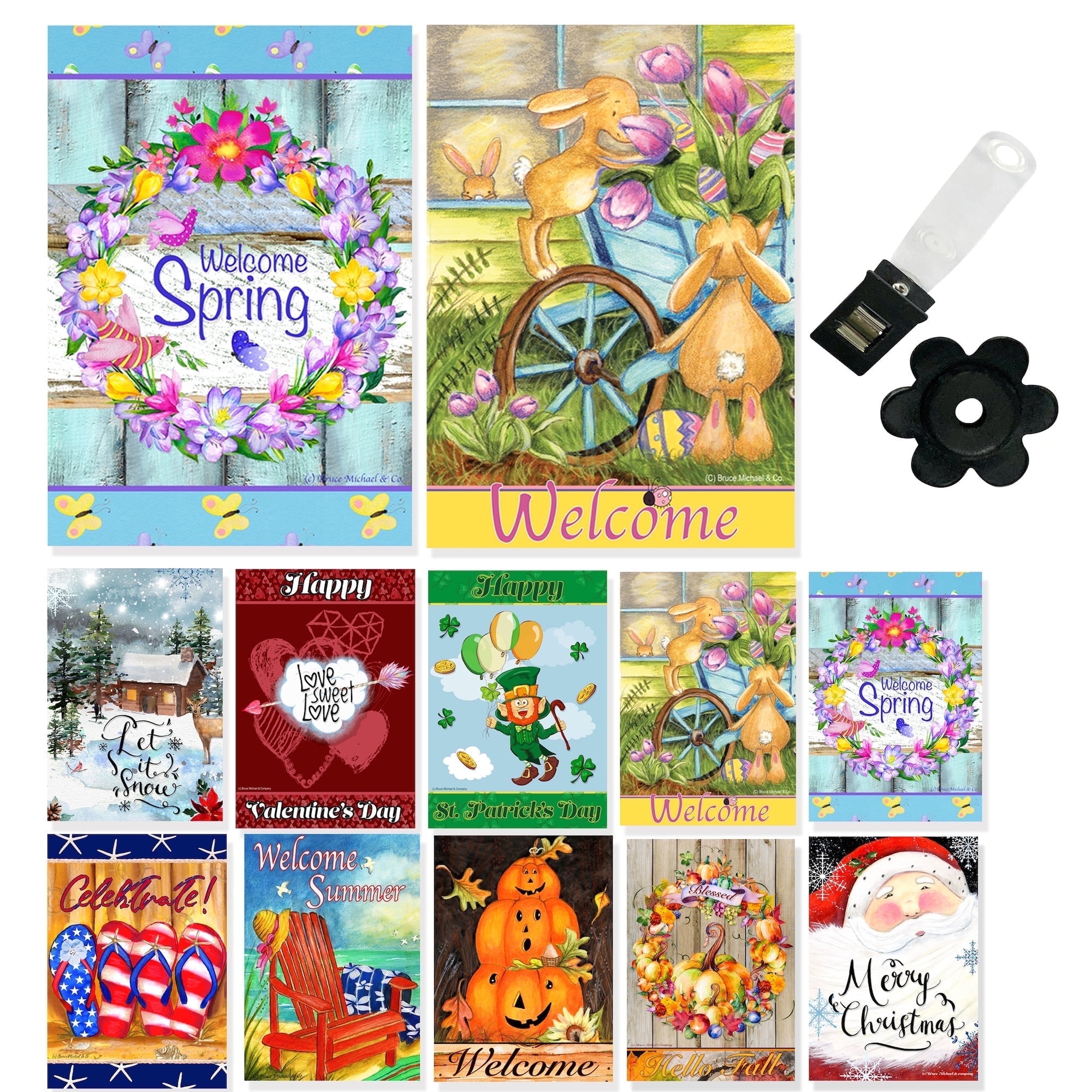 Seasonal Garden Flags Set – 12x18 in, Double-Sided, Country Style, Includes Wind Clip & Stopper (10 Pack)