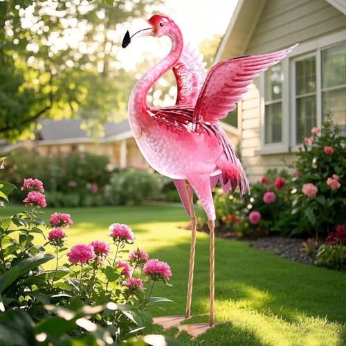 Garden Flamingo Statues and Sculptures, Outdoor Metal Bird Yard Art, Pink Flamingos Lawn Ornament for Patio Backyard Porch Decorations$$Garden & Patio