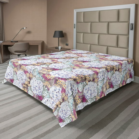 Ambesonne Garden Flat Bedding Sheet Soft Top Sheet, Circular Flowers Butterflies, California King, Dark Teal and Pale Fuchsia