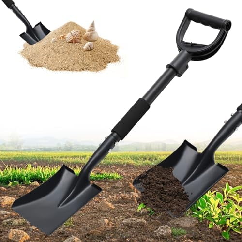 Garden Flat Shovel, 31 Inch Small Metal Square Shovel for Lawn Edging Digging Trenching Transplanting, Heavy Duty Compact Gardening Spade with D-Handle for Beach, Kids, Car, Light Garden Work