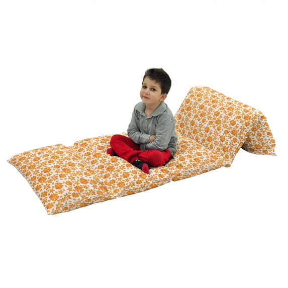 Garden Floor Pillow Lounger Cover, Flourishing Hibiscus Flowers in Retro Style Abstract Spring Field Meadow Print, Nap Mat Printed Fabric Case for 5 Pillows, 88" x 27", Orange White, by Ambesonne