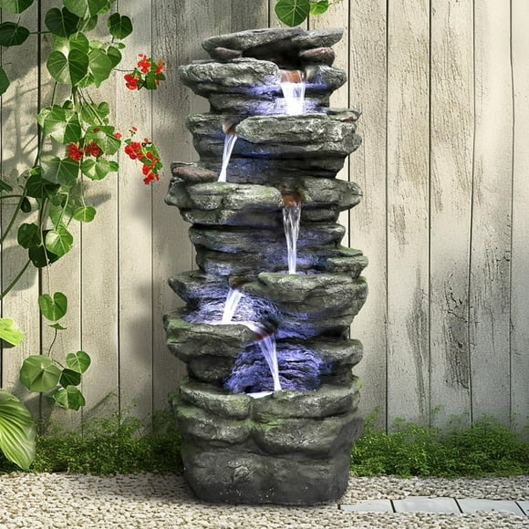 6-Tiers Indoor/Outdoor Resin Rock Floor Standing Waterfall Fountain with LED Lights for Patio Decor