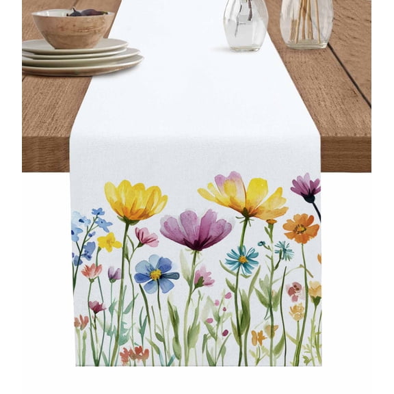 Garden Flora Illustrations Table Runner 70 Inches, Spring Floral Elegant Bed Runner Dresser Scarves Tabletop for Indoor Outdoor Parties/Ceremony/Banquet, 13" x 70"