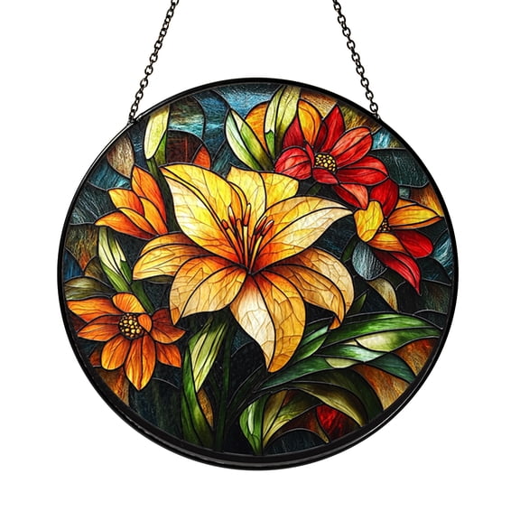 Garden Floral Duo Stained Glass Style Window Hanging – Vibrant Flower Decor