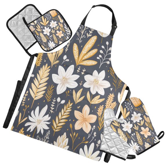 Garden Floral Pattern Oven Mitts and Pot Holders with Chef Apron Set 5 Pcs Kitchen Cooking Set
