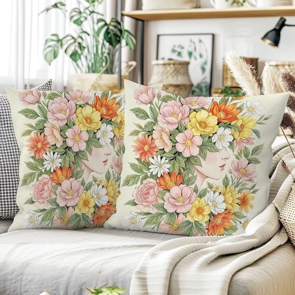 Garden Floral Pillow Covers 18x18 Set of 2, Linen Look Polyester Throw Pillow Covers, Machine Washable Cushion Covers for Sofa Couch Bed Decor, No Inserts