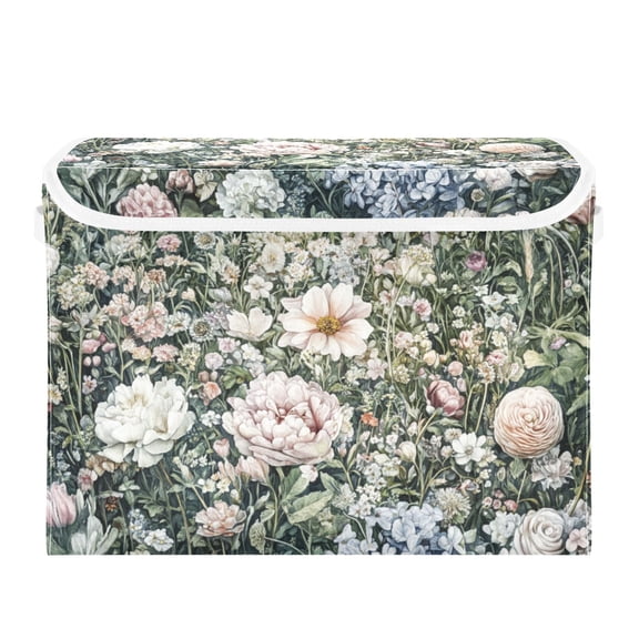 Garden Floral Print Large Storage Bins with Linen Collapsible Lid Storage Box 16.7 x 12.6 x 11.8in