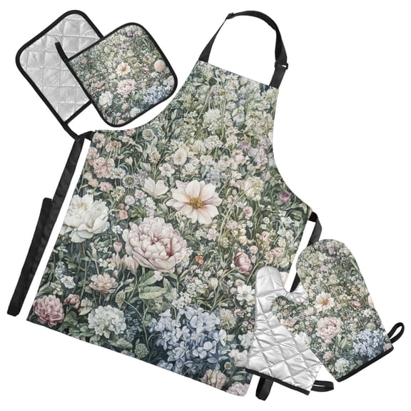 Garden Floral Print Oven Mitts and Pot Holders with Chef Apron Set 5 Pcs Kitchen Cooking Set