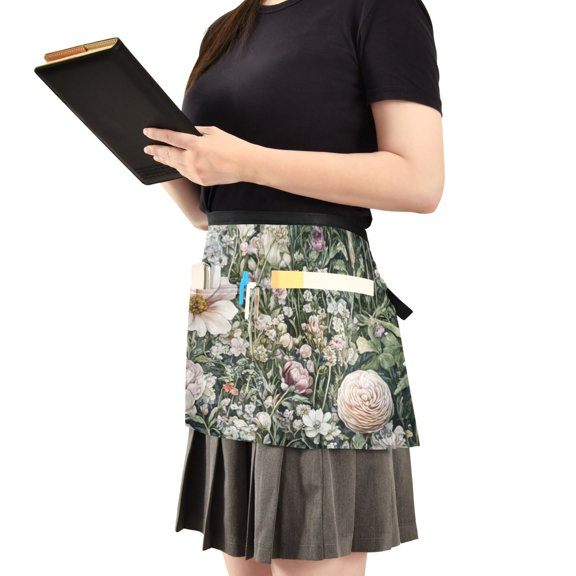 Garden Floral Print Server Apron with 3 Pockets Waist Apron for Waiter Waitress