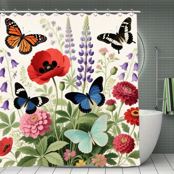 Garden Floral Print Shower Curtain,Modern Fabric Waterproof Shower Curtain Set with Hooks 70.8×70.8Inch (180×180cm)