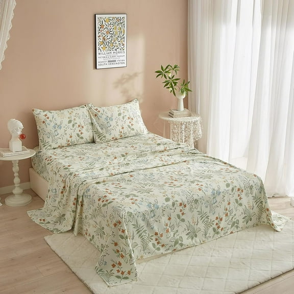Garden Floral Sheets Queen Bed Sheet Set - 4 Piece Luxurious Bedding Queen Sheets Green Floral,Hotel Luxury Sheets 16" Deep Pocket Queen Set Cooling,Extra Soft Flowers Bedding Sheets Set