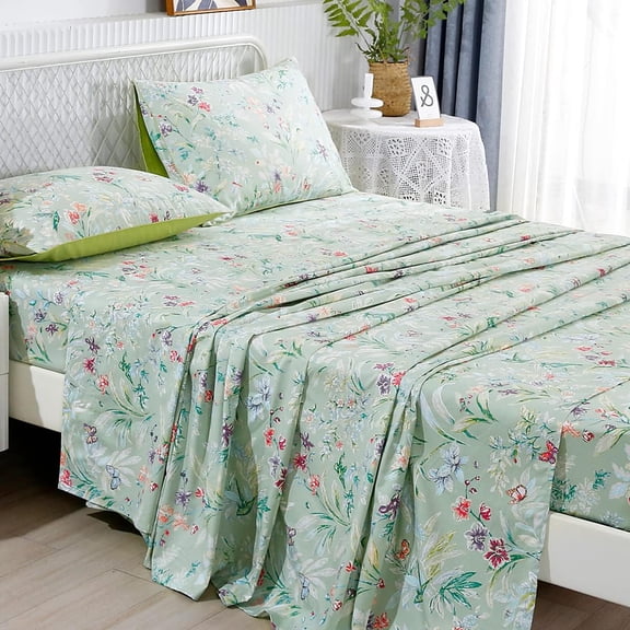 Garden Floral Sheets Set Sage Green 4Pcs Queen Size Egyptian Cotton Silky Cooling Bed Sheets Wrinkle Resistant Deep Pocket