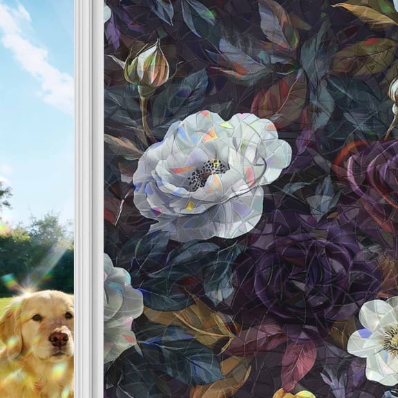 Garden Floral Window Privacy Film Stain Glass, Reusable Decorative Rainbow Window Film, Blossom Botanical Wildflower Non-Adhesive Static Cling Sun Blocking Stickers Decals Covers 17.7" x 39.3" (2pcs)