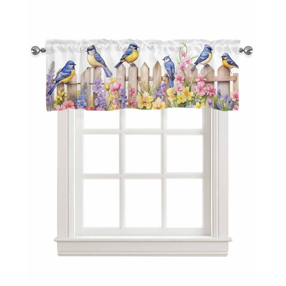 Garden Flower Bird Linen Curtain Valance for Bedroom/Bathroom/Kitchen/Office/Living/Dining Room Window,Colorful Floral Watercolor Simple White Rod Pocket Topper Decorative Cafe Drapes Panel 42"x12"