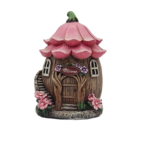 Garden Flower House Statue, Pink Roof, Garden Decorative Resin Flower House Statue, 1.1X7.7 Inches, Garden Decor Brown