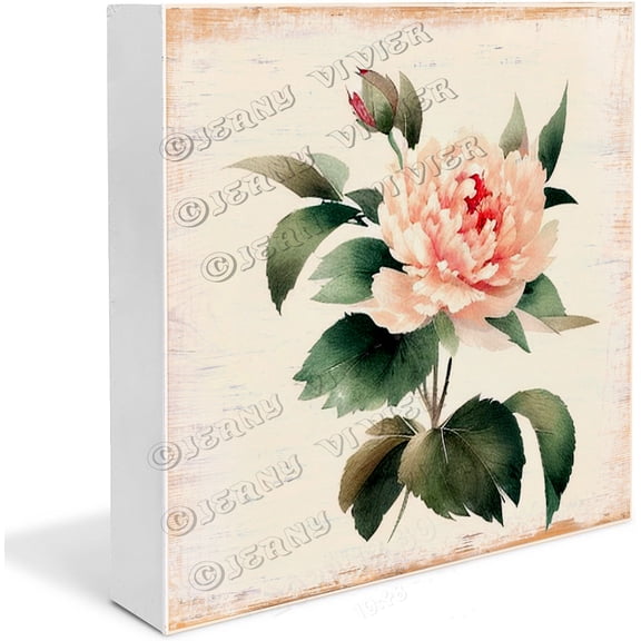 Garden Flower Peony Decor Peony Gifts Wood Box Signs Floral Decor Summer Decorations for Home Office Desk Decor for Tabletop Bookshelf Centerpiece Office 7"x7"
