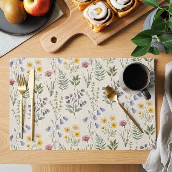 Garden Flower Placemats Set of 1, Pastel Blue Buttercup Grass Leaf Country Linren Texture Non-Slip Place Mats Washable Table Mats for Kitchen Dining Table Decorations Indoor/Outdoor