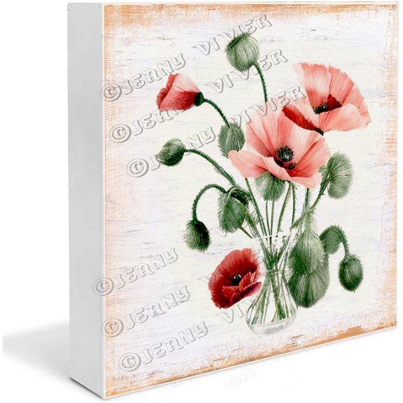 Garden Flower Poppy Decor Poppy Gifts Wood Box Signs Floral Decor Summer Decorations for Home Office Desk Decor for Tabletop Bookshelf Centerpiece Office 5"x5"