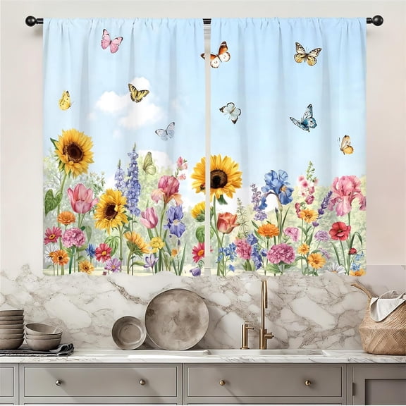 Garden Flower Sunflower Kitchen Curtains 27.5W X 39L Inch 2 Panels Wildflower Butterfly Spring Summer Iris Small Short Cafe Tier Curtains Brightly Flower Window Treatment Drapes Bathroom Decor