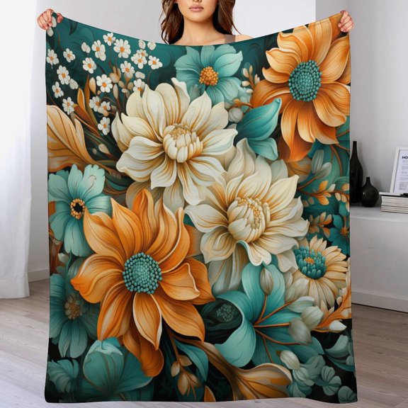 Garden Flower Teal Orange Flannel Warm Throw 60"x80" Abstract Wild Flowers Velvet Flannel Blanket for Couch Bed Throw Blanket Fun Comfy Cozy Gifts for Boys Girls