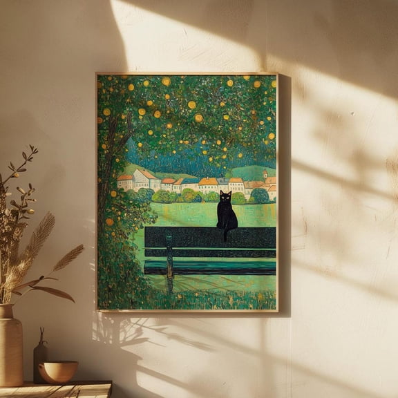 Garden Flowers Black Cat Art Print, Nature View Illustration, Floral Decor, Unframed Paper Print Size 24x36