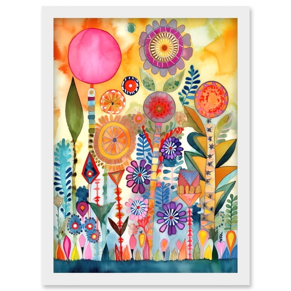 Garden Flowers In Spring Folk Art Watercolour Painting Artwork Framed Wall Art Print A4