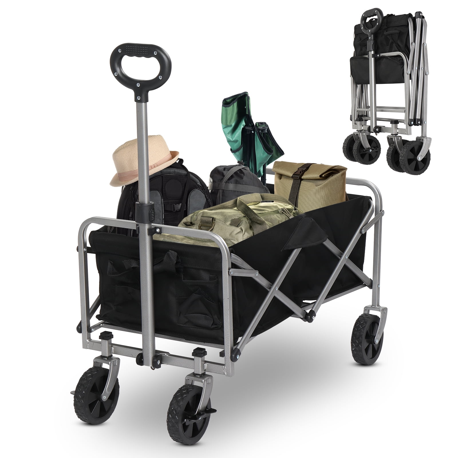 Garden Folding Cart, 600d Oxford Cloth Steel Frame Flat Folding Style Black Cloth Silver Frame, 74.5*45.5*84cm 100kg