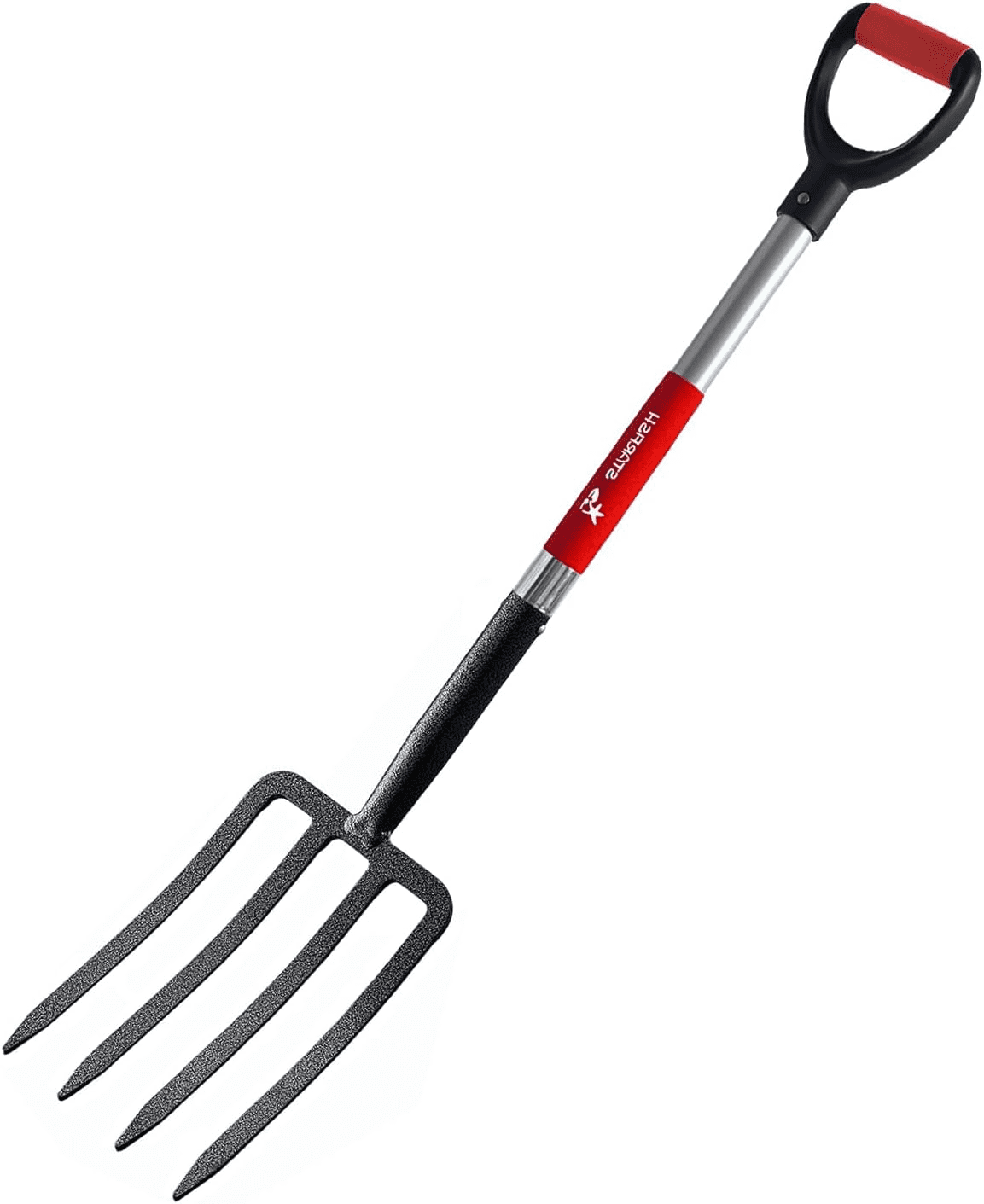 NOMIGO Hay Fork 4-Tine Steel Pitchfork with Ergonomic D-Handle for Gardening, Digging, Composting, Aerating