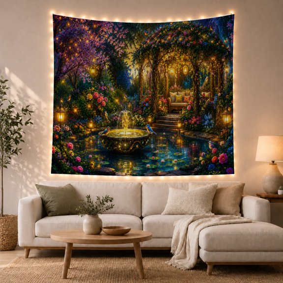 Garden Fountain With Birds And Lantern Arch, Serene Fantasy Style for Garden Lovers, Garden Wall Art, Housewarming Gift Tapestry Wall Hanging for Bedroom and Living Room
