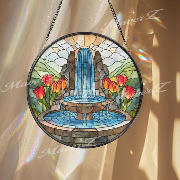 Garden Fountain Glass Suncatcher, Round Waterfall Window Panel, Nature Landscape, 6.3 in