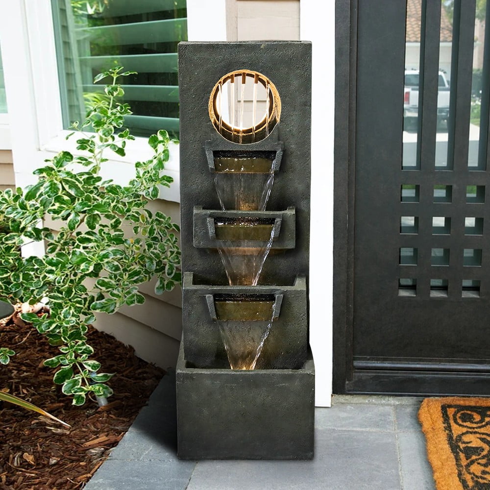 Garden Fountain Outdoor w/LED Lights – Indoor Modern Cascading Floor
