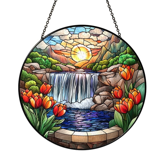 Garden Fountain Stained Glass Suncatcher, Round Waterfall Window Panel with Red Tulips, Nature Landscape Home Decor Gift
