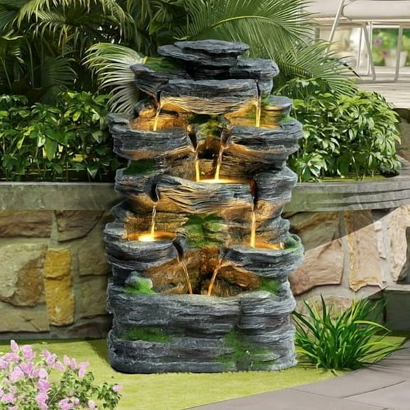 Garden Fountains Outdoor, 7-Tiers Cascading Rock Water Fountain, 24.4" H Waterfall Fountain Indoor with 6 LED Lights and Moss for Patio, Yard and Home Art Decor, Natural Stone Look$$Garden & Patio