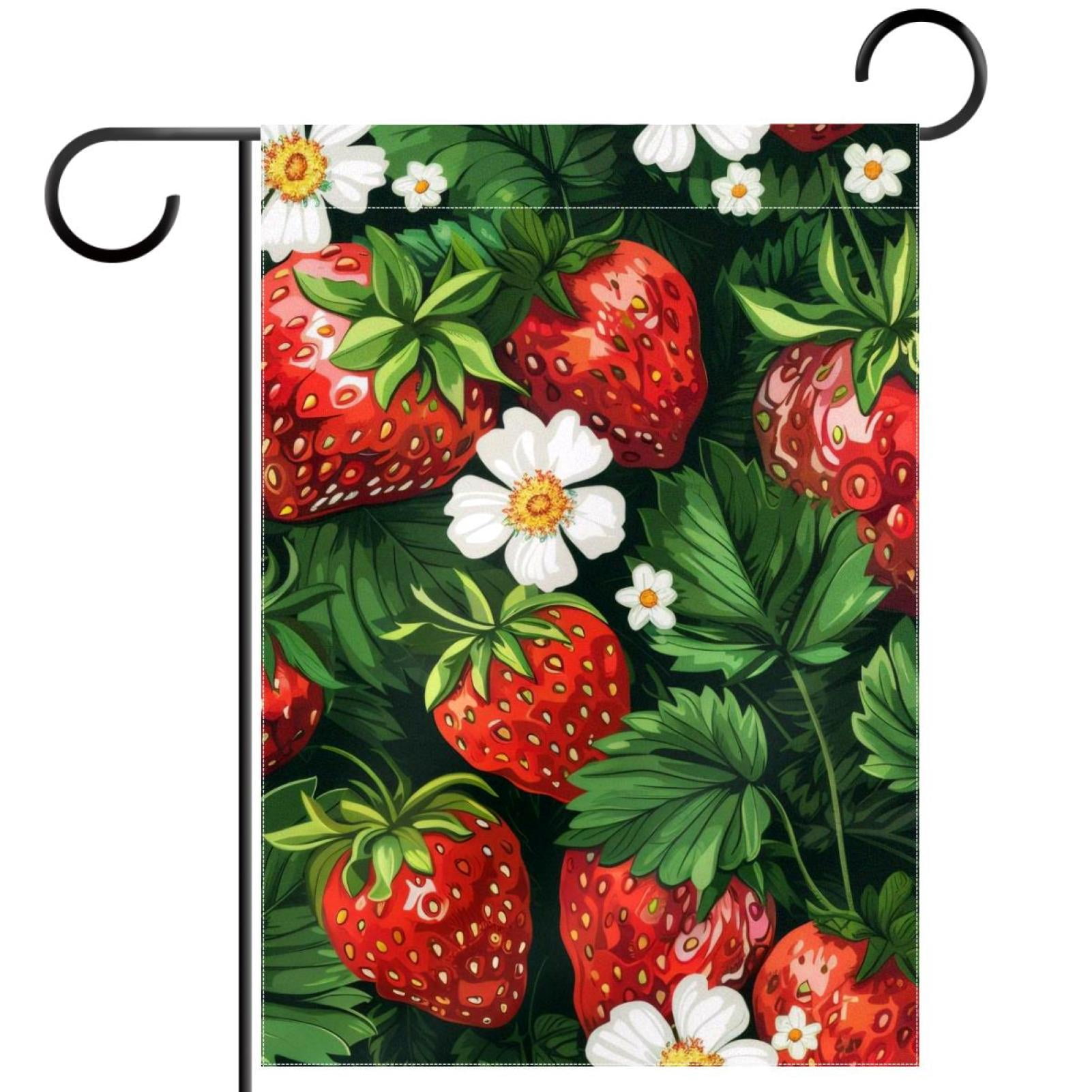 Garden Fruits Strawberries with Flowers Double Sided Garden Flag Decorative Weather Resistant Yard Flag, Large DIY Vertical Flag for Farmhouse Patio Lawn, 28x40 Inch