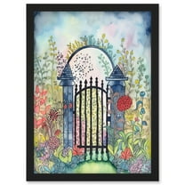 Garden Gate In Spring Folk Art Watercolour Painting Artwork Framed Wall Art Print A4