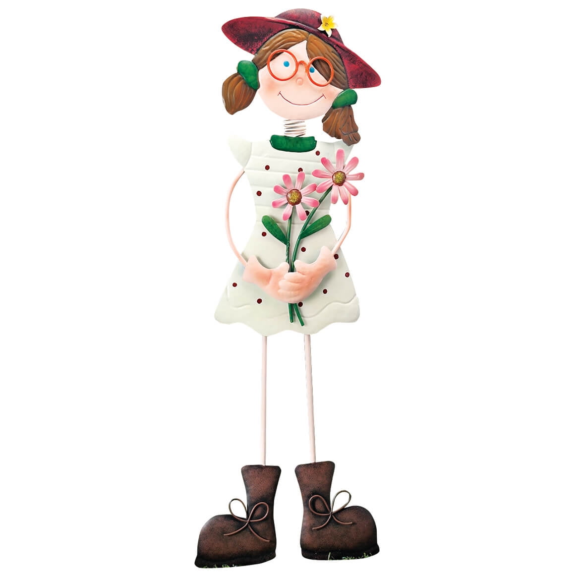 Whimsical Garden Girl Stake in White and Brown Metal