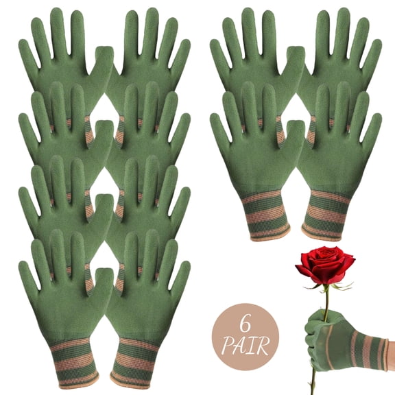 Garden Gloves 6 Pair Pack Latex Coated Thorn Resistant Work Gloves for Gardening Green