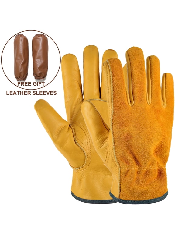 Garden Gloves Leather Work Gloves for Men, Heavy Duty Cowhide Gardening with Waterproof Sleeves (One Size) - Gold L
