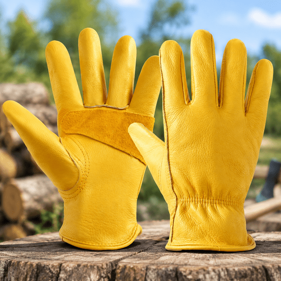 Garden Gloves, Puncture Resistant Gloves, Cowhide Protective Gloves for Gardening/Logging/Construction/Truck Driving