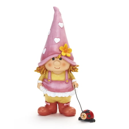 Petunia the Garden Gnome Lawn Sculpture with Ladybug on a Leash