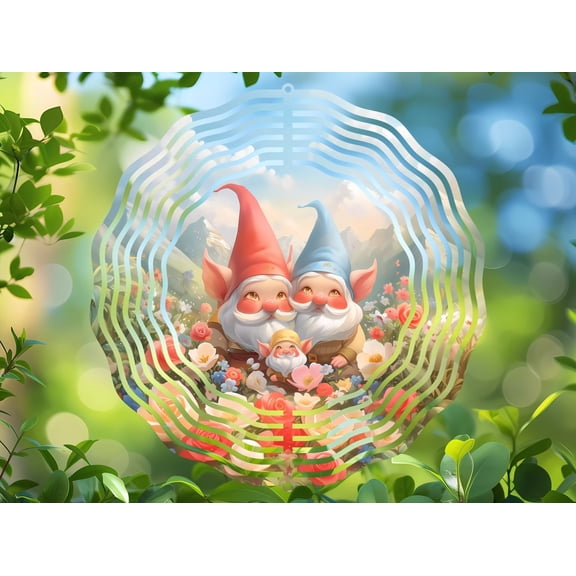 Garden Gnome Family 3D Wind Spinner, Kinetic Stainless Steel Hanging Whimsical Yard Art