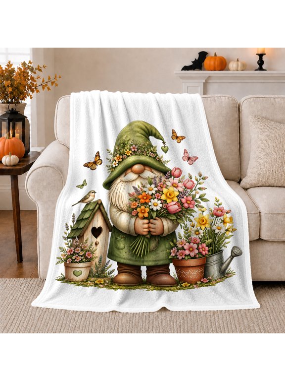 Garden Gnome Flowers Birds Whimsical, Cozy Bird Art Scene, Warm Flannel Blanket for Sunroom and Reading Nook, Bird Lovers Mother's Day Gift, Artistic Home Decor
