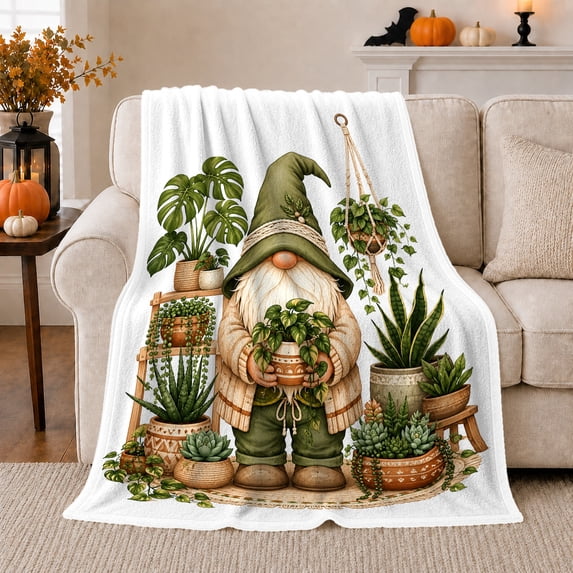 Garden Gnome Houseplants Botanical Illustration, Cozy Botanical Garden Scene, Warm Flannel Blanket for Sunroom and Reading Nook, Garden Lovers Housewarming Gift, Botanical Home Decor
