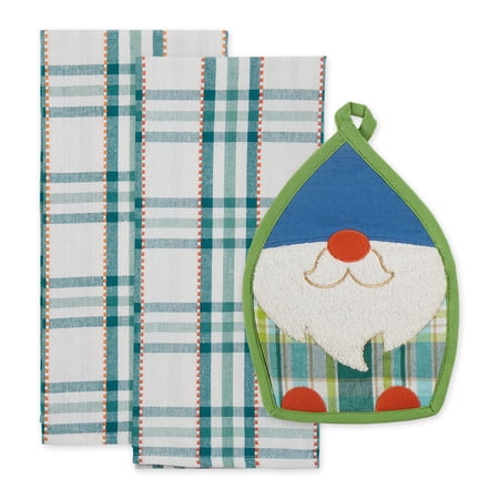 Multi-Color Garden Gnome Cotton Potholder 7x10 Gift Set and 2 Dishtowels 18x28