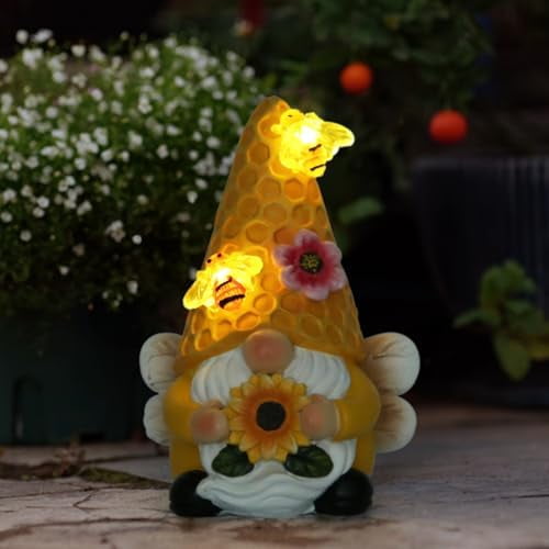 Garden Gnome Sculpture With Solar Bee Lights - Outdoor Decor, Sunflower Gifts for Women, Mom or Birthdays - Summer Fairy Garden for Patio, Yard, Lawn$$Garden & Patio