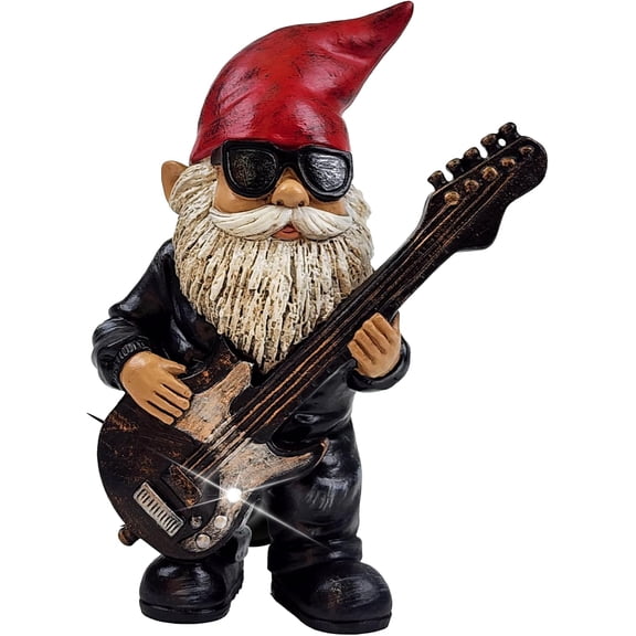Garden Gnome Statue, 8" Height, Handcrafted Waterproof, UV-Resistant Polyresin Lawn Patio Porch Ornament Decoration (Rock Star with Solar Light)$$Garden & Patio