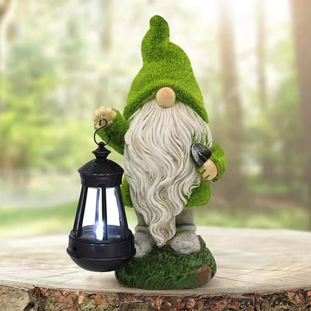 Garden Gnome Statue,Holding a Solar LED Lantern Resin Ornament for Patio Yard Lawn Porch Outdoor Decor.