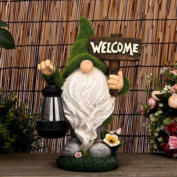 Garden Gnome Statue Outdoor Decor Large Flocked Resin Gnome Figurine with Solar Light Holding Lantern Welcome Sign Garden Yard Decorations Dwarf Sculpture for Outside Patio Porch Lawn Decor.