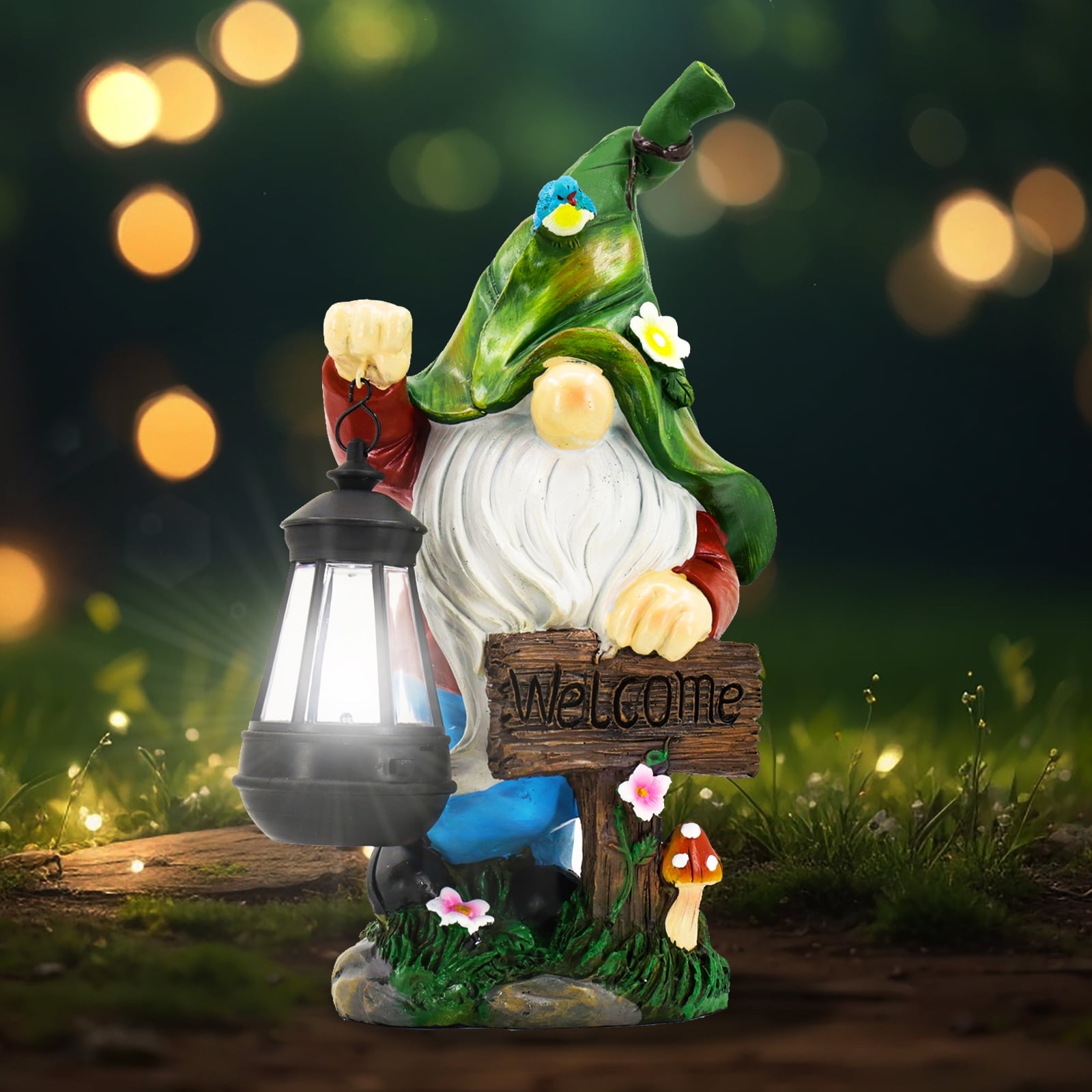 Solar-Powered Resin Garden Gnome with Welcome Sign and Lantern